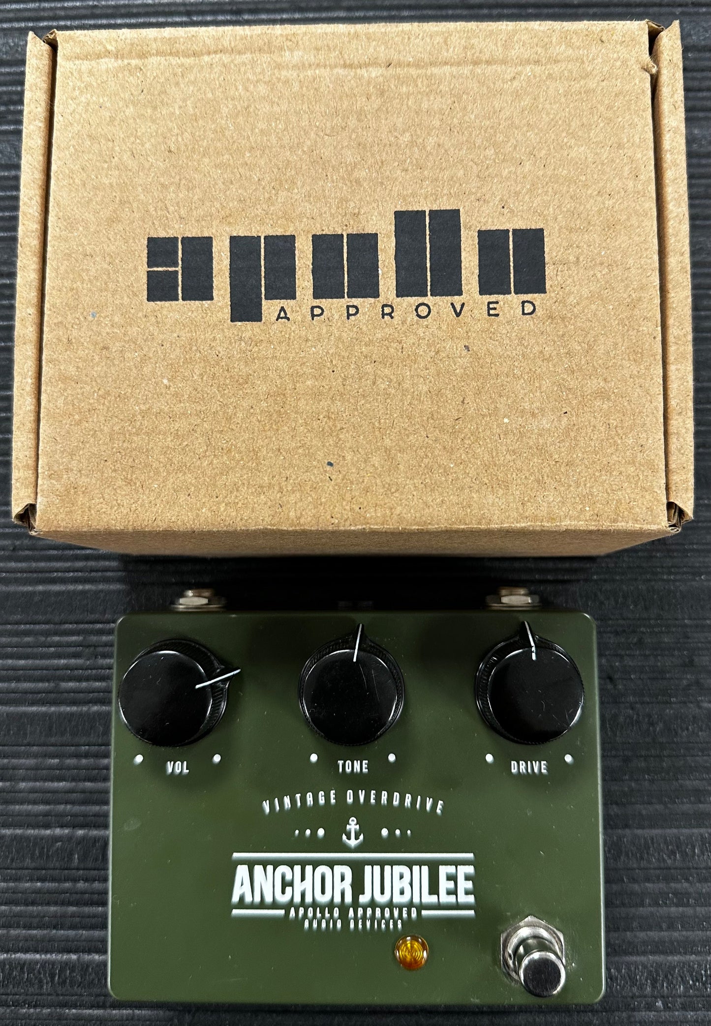 Top view with box of Used Apollo Approved Anchor Jubilee Overdrive Pedal w/box