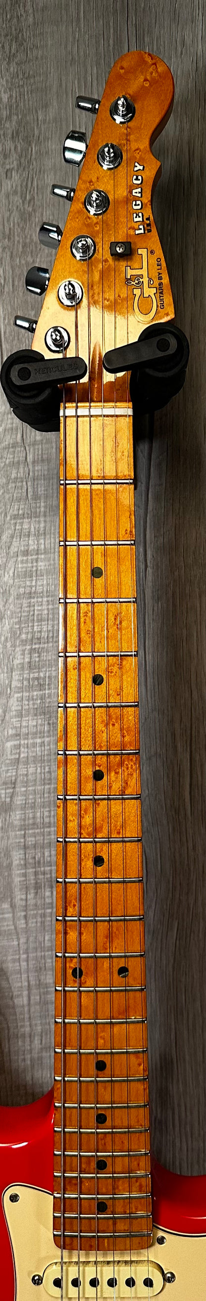 Neck view of Used 2004 G&L Legacy Fiesta Red w/case 