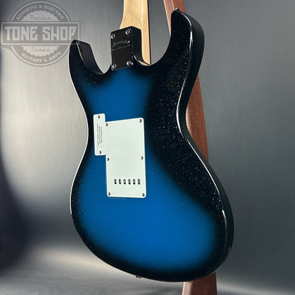 Back angle of Used Danelectro Danoblaster Hearsay Blue Sparkle Burst.