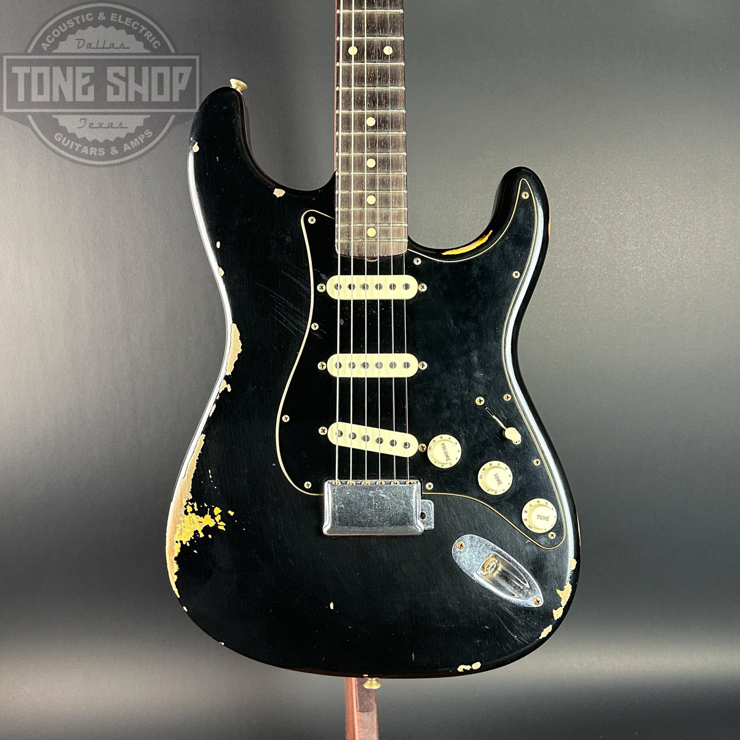 Front of Used Fender Ltd Dual Mag II Strat Relic Black.