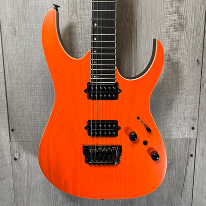 Front of Used Ibanez RGR5221 Prestige Transparent Fluorescent Orange w/case TSS3556