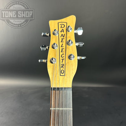 Headstock of Used Danelectro Hodad Blue Sparkle.