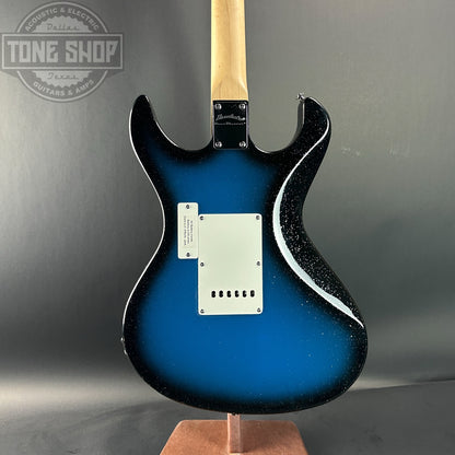 Back of Used Danelectro Danoblaster Hearsay Blue Sparkle Burst.