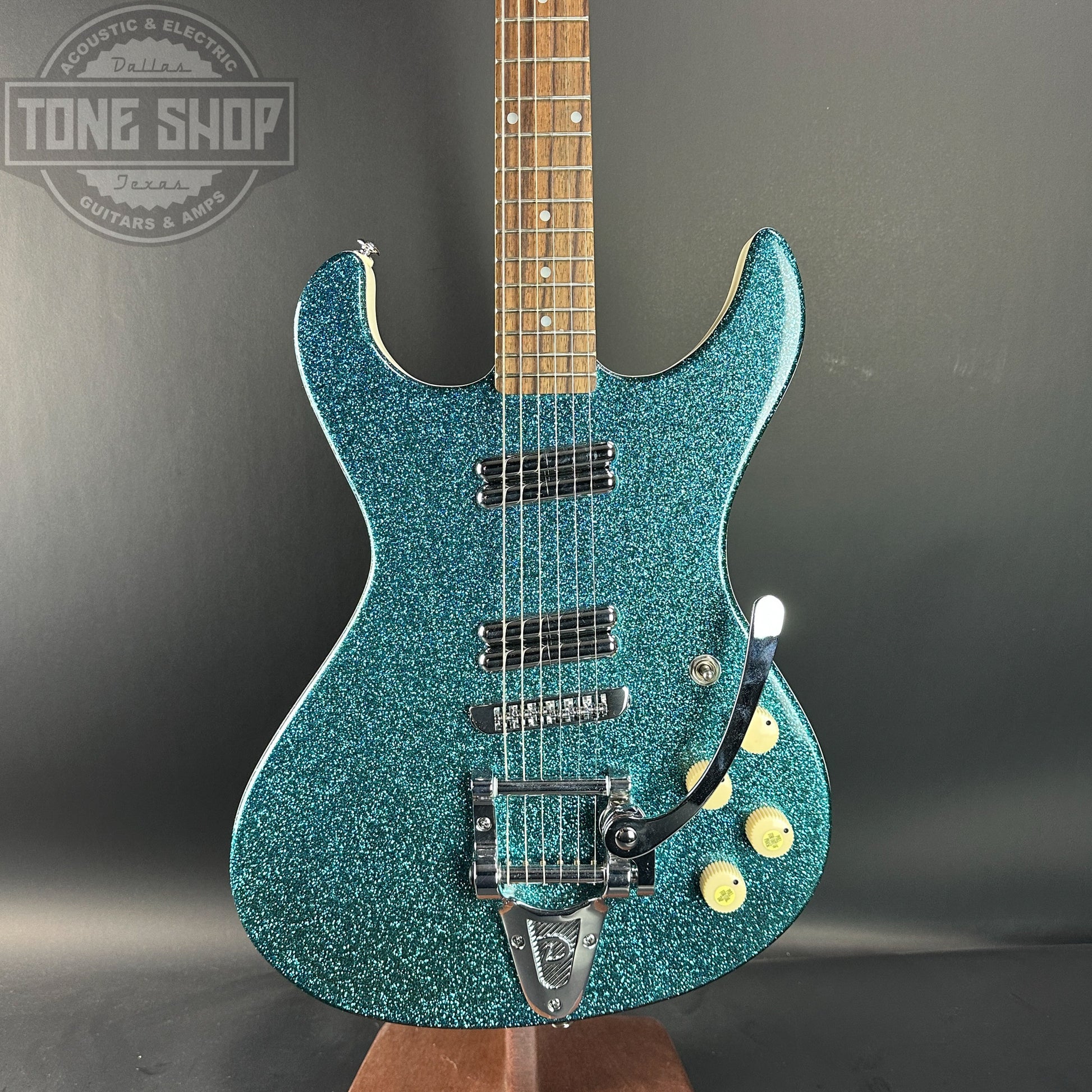 Front of Used Danelectro Hodad Green Sparkle.