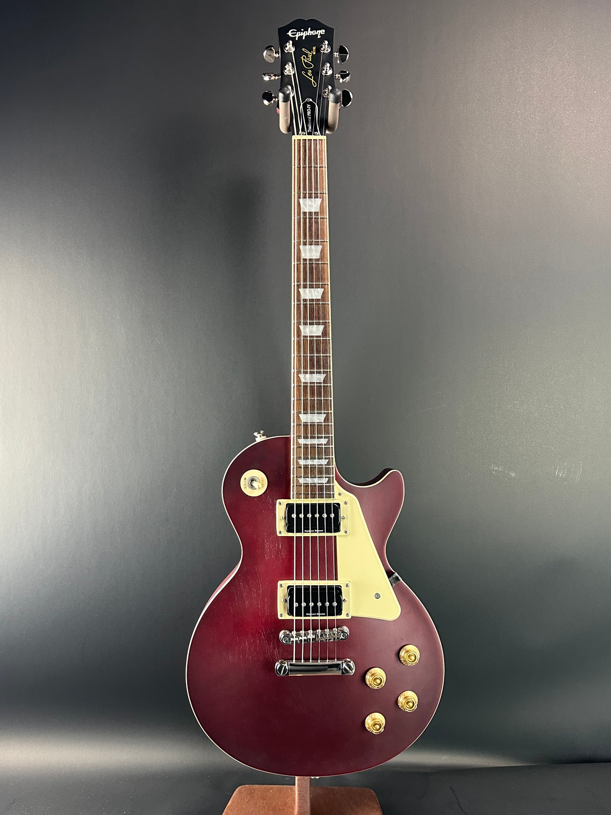 Full front of Used Epiphone Les Paul Trad Pro IV Wine.