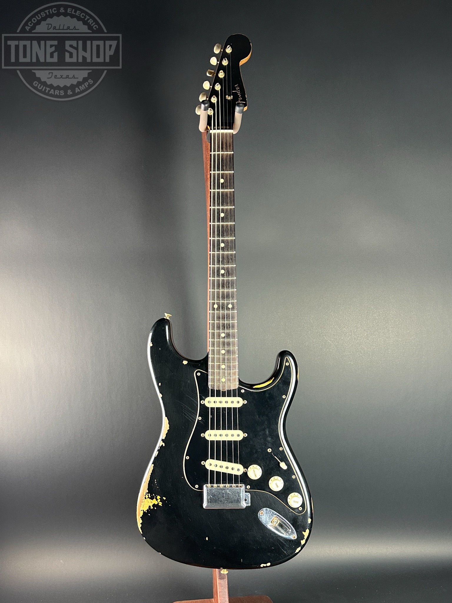 Full front of Used Fender Ltd Dual Mag II Strat Relic Black.