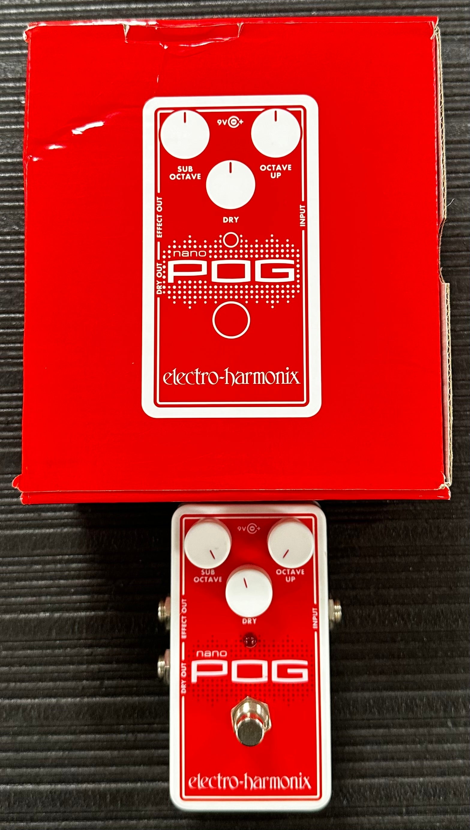 Top view with box of Used EHX Electro Harmonix Nano Pog Polyphonic Octave Generator Pedal w/box