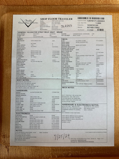 Spec sheet for Fender Custom Shop Jerry Garcia Alligator Strat Masterbuilt by Austin MacNut.