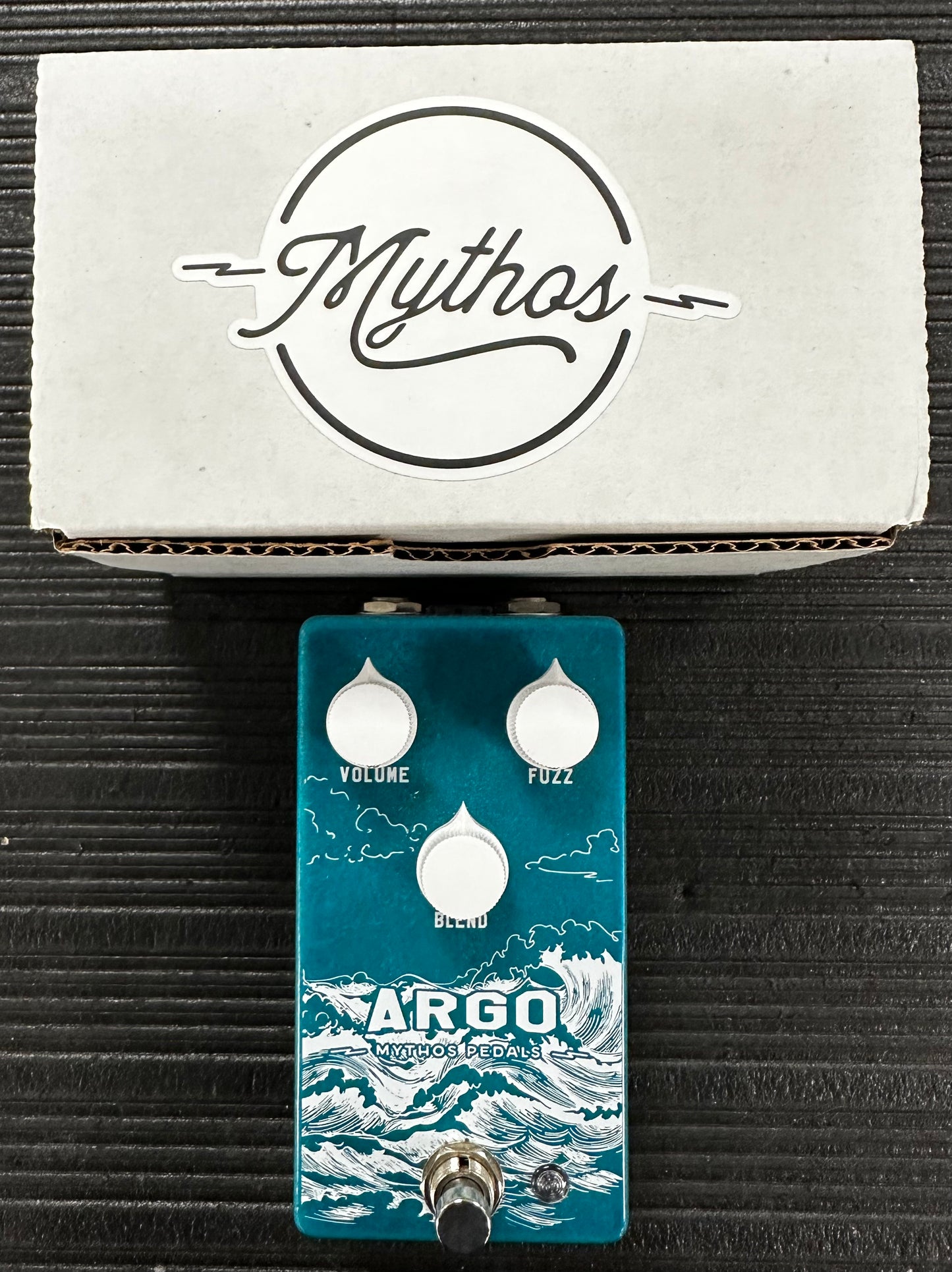 Top view with box of Used Mythos Peals Argo Octave Fuzz Pedal w/box 