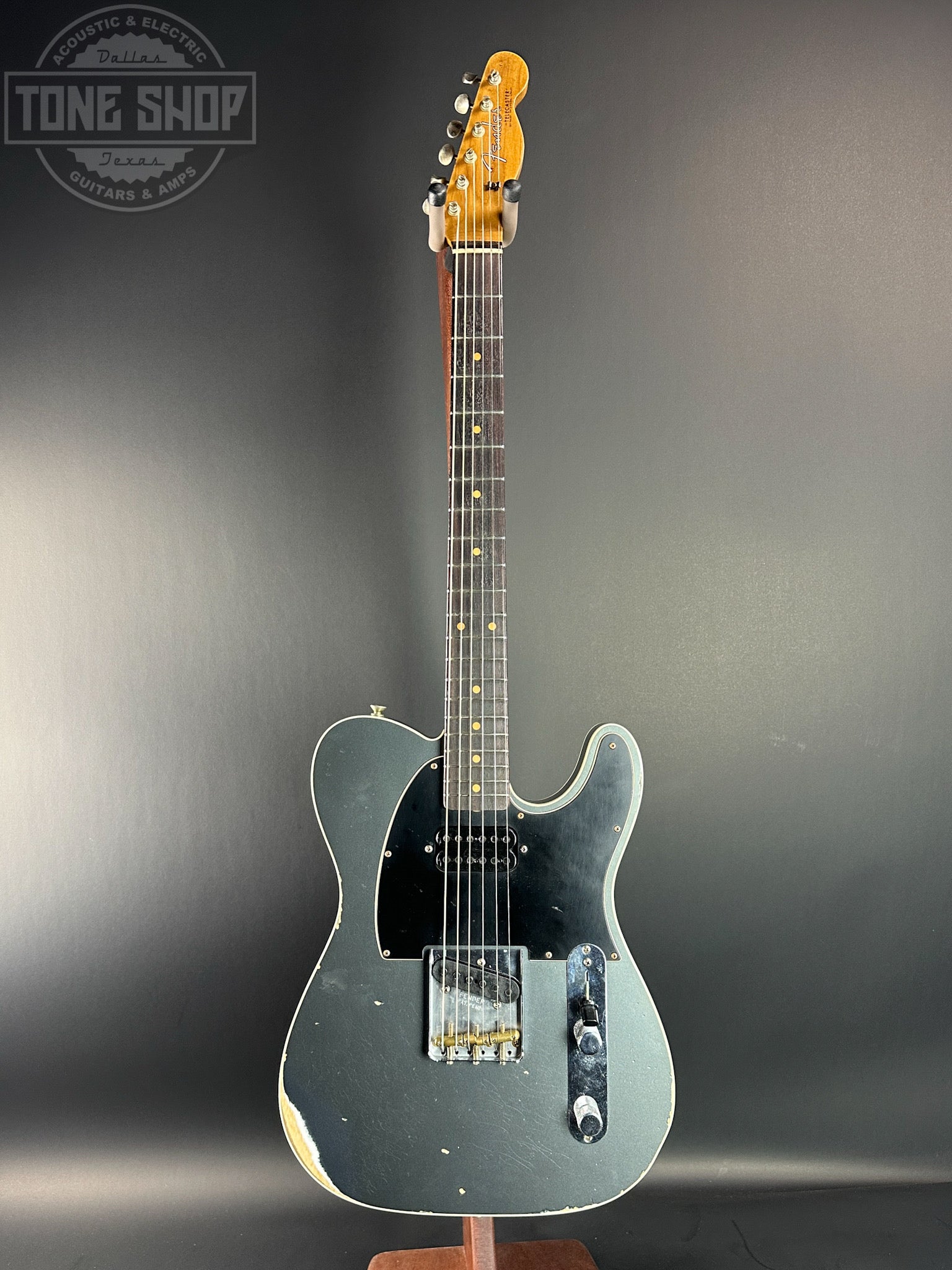 Full front of Used Fender Custom Shop LTD HS Telecaster Custom Relic Aged Charcoal Frost Metallic.