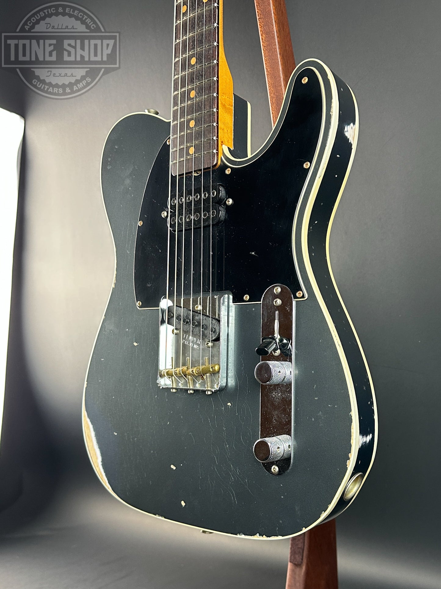 Front angle of Used Fender Custom Shop LTD HS Telecaster Custom Relic Aged Charcoal Frost Metallic.