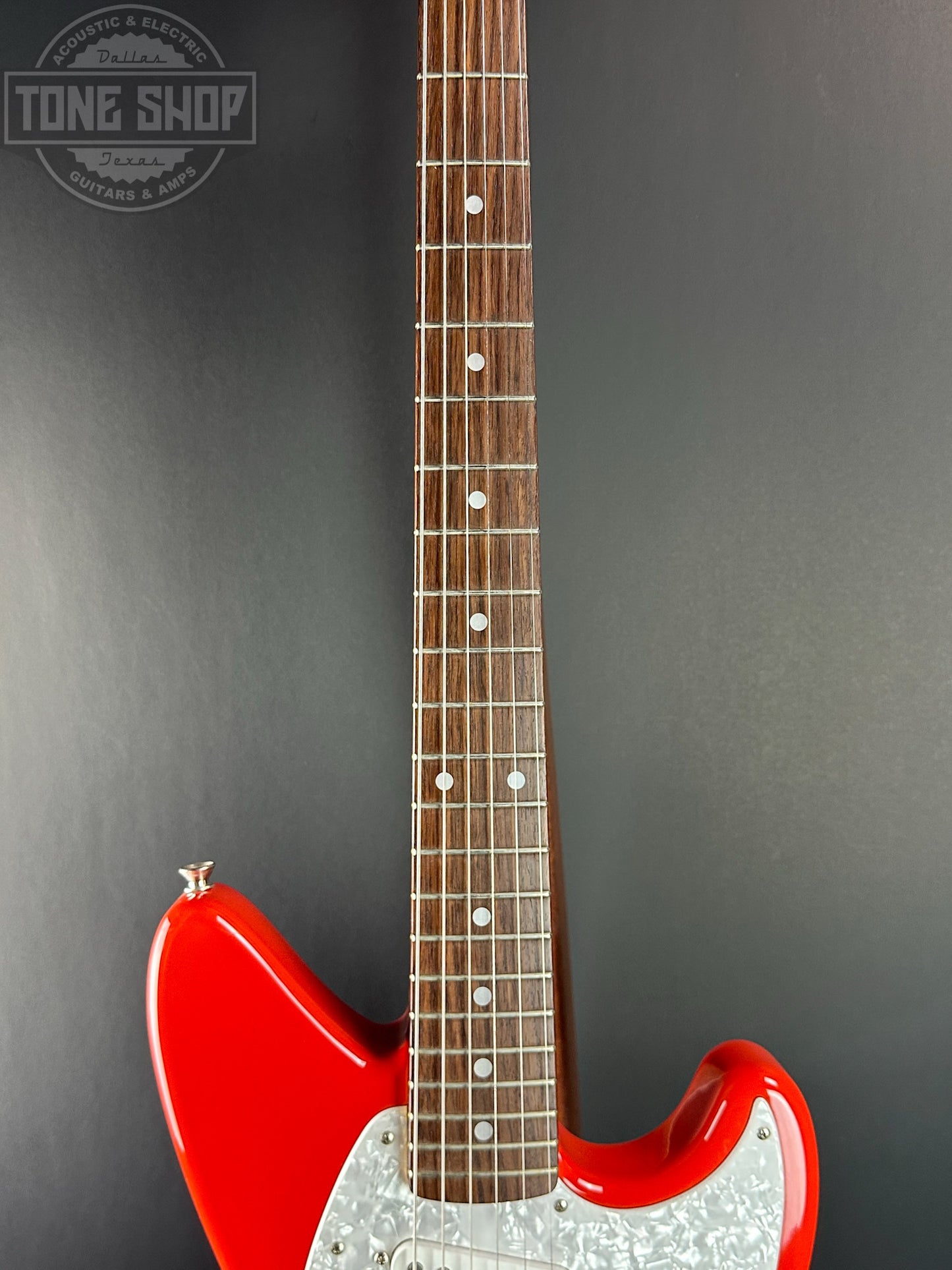 Fretboard of Used 2003 Fender MIJ Jag-Stang Fiesta Red.