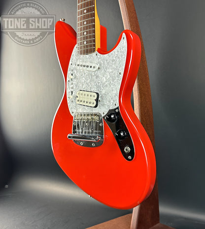 Front angle of Used 2003 Fender MIJ Jag-Stang Fiesta Red.