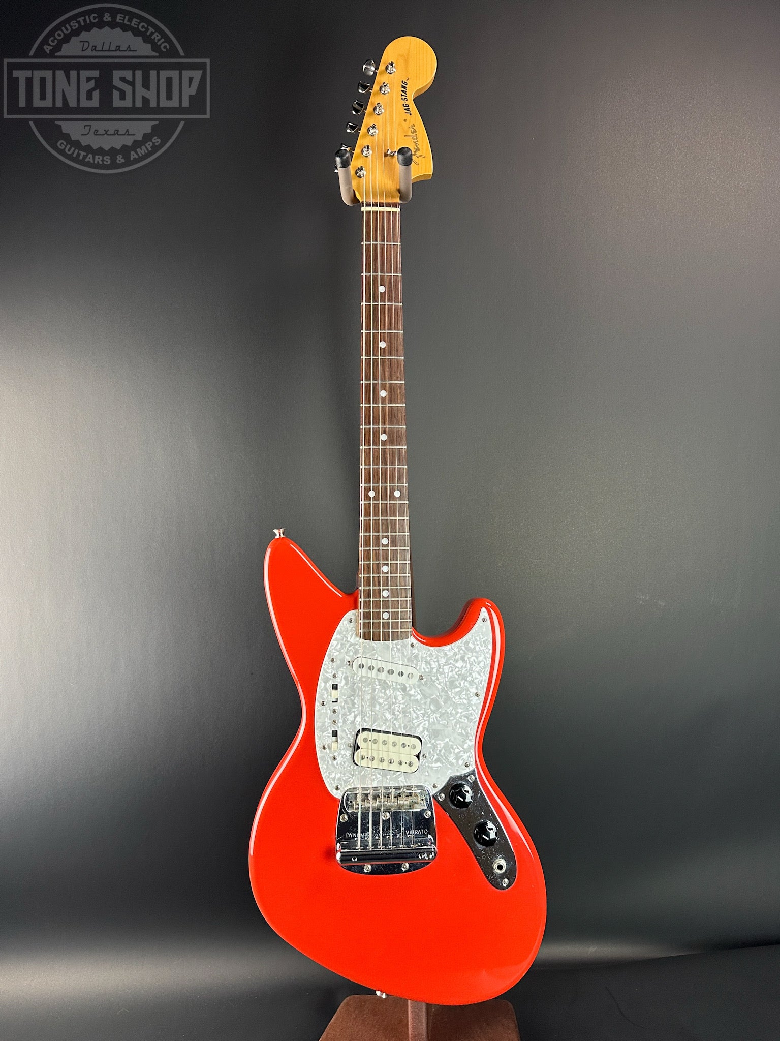 Full front of Used 2003 Fender MIJ Jag-Stang Fiesta Red.