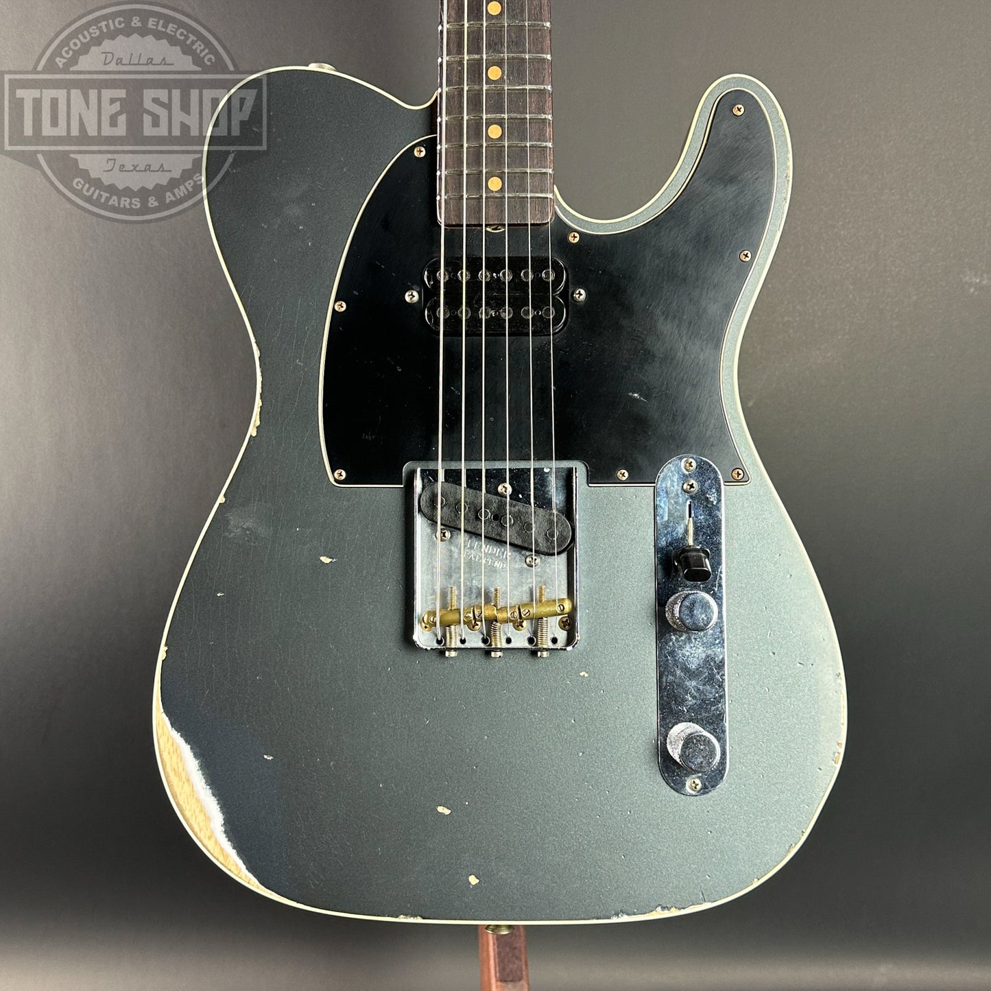 Front of Used Fender Custom Shop LTD HS Telecaster Custom Relic Aged Charcoal Frost Metallic.