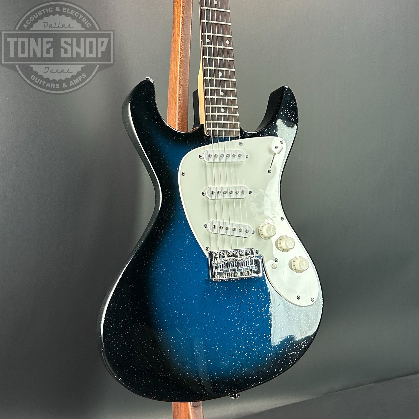 Front angle of Used Danelectro Danoblaster Hearsay Blue Sparkle Burst.