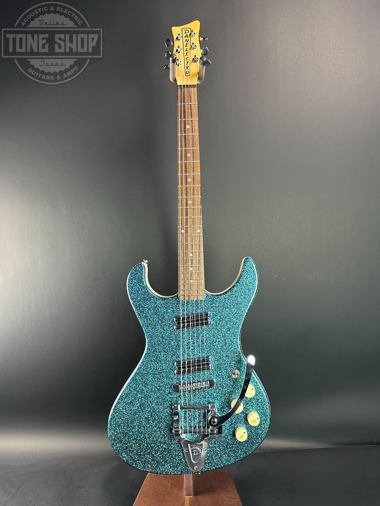 Full front of Used Danelectro Hodad Green Sparkle.