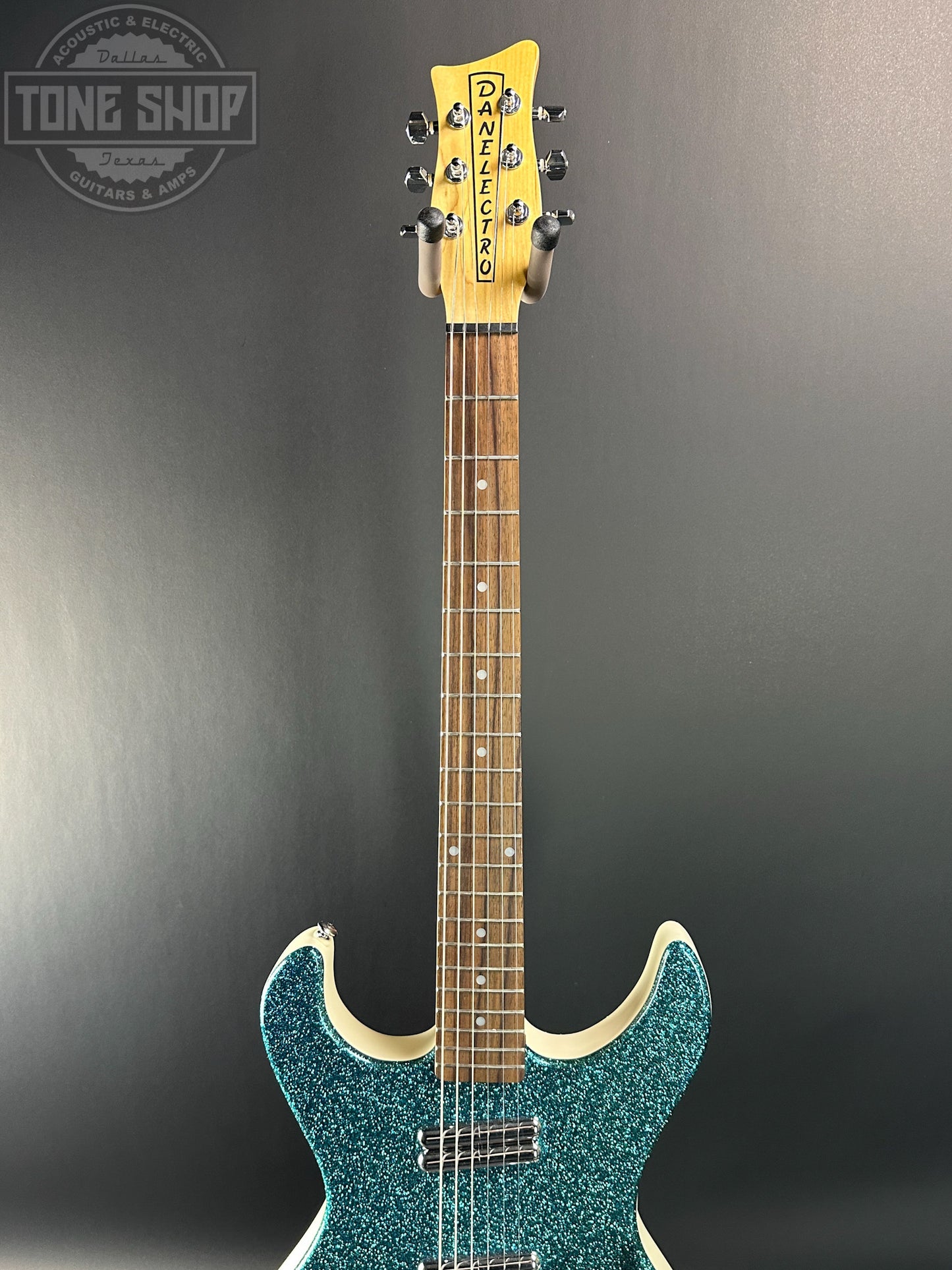 Fretboard of Used Danelectro Hodad Green Sparkle.