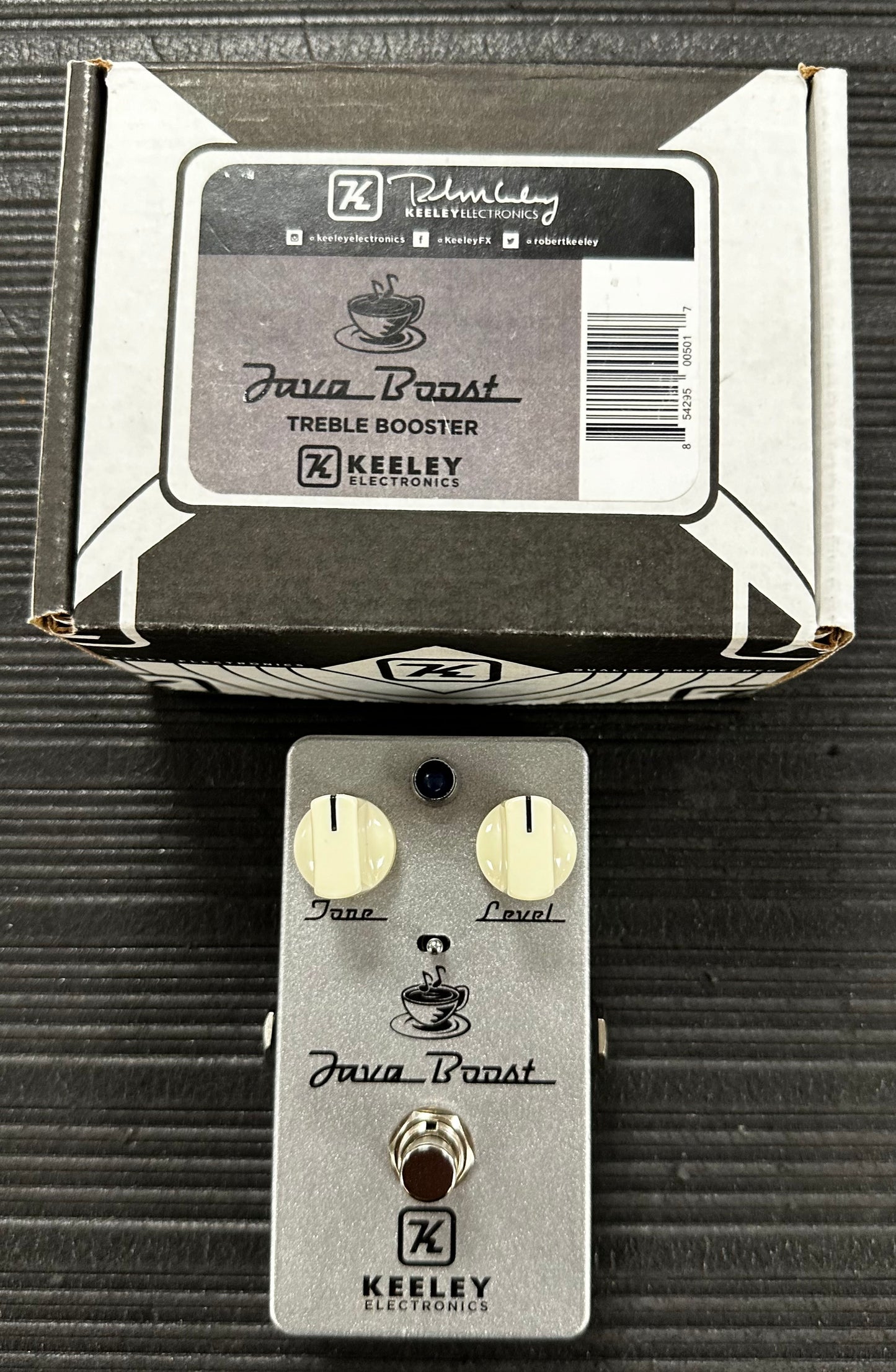 Top with box of Used 2018 Keeley Custom Shop Java Boost Treble Boost Pedal Glow In The Dark Limited Edition w/Russian MP41A Germanium Transistor w/box TSS3485