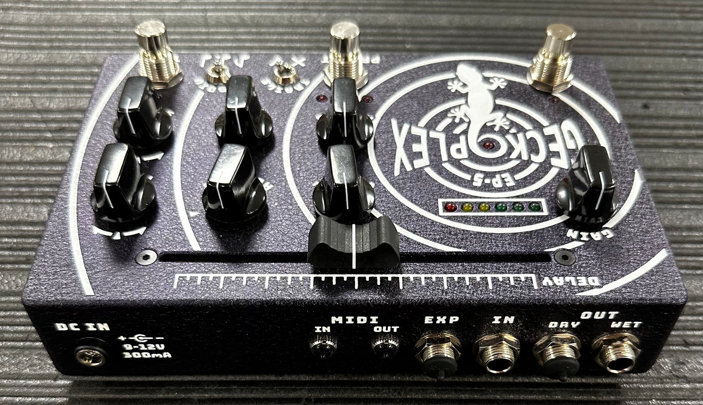 Back of Used Gecko Pedals GeckoPlex EP-5 Delay Pedal V2 Limited Edition Purple w/box TSS3484