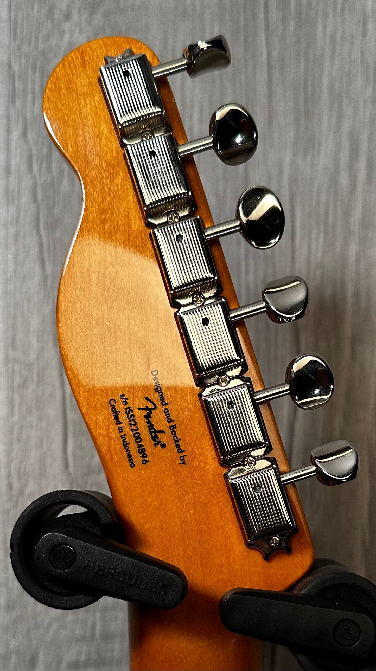 Back of headstock of Used Squier Classic Vibe Baritone Custom Telecaster w/EMG Humbucker TSS3409