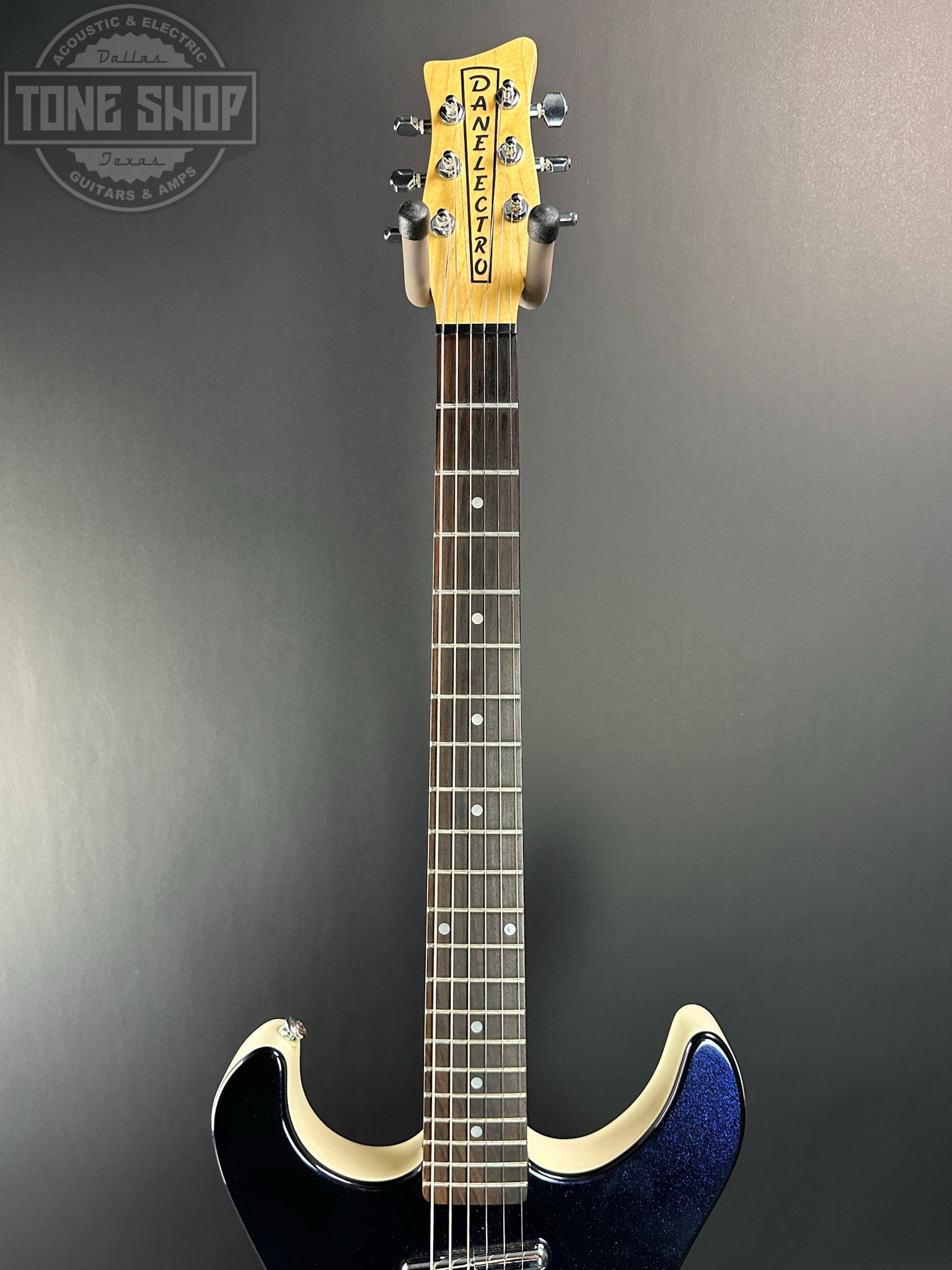 Fretboard of Used Danelectro Hodad Blue Sparkle.