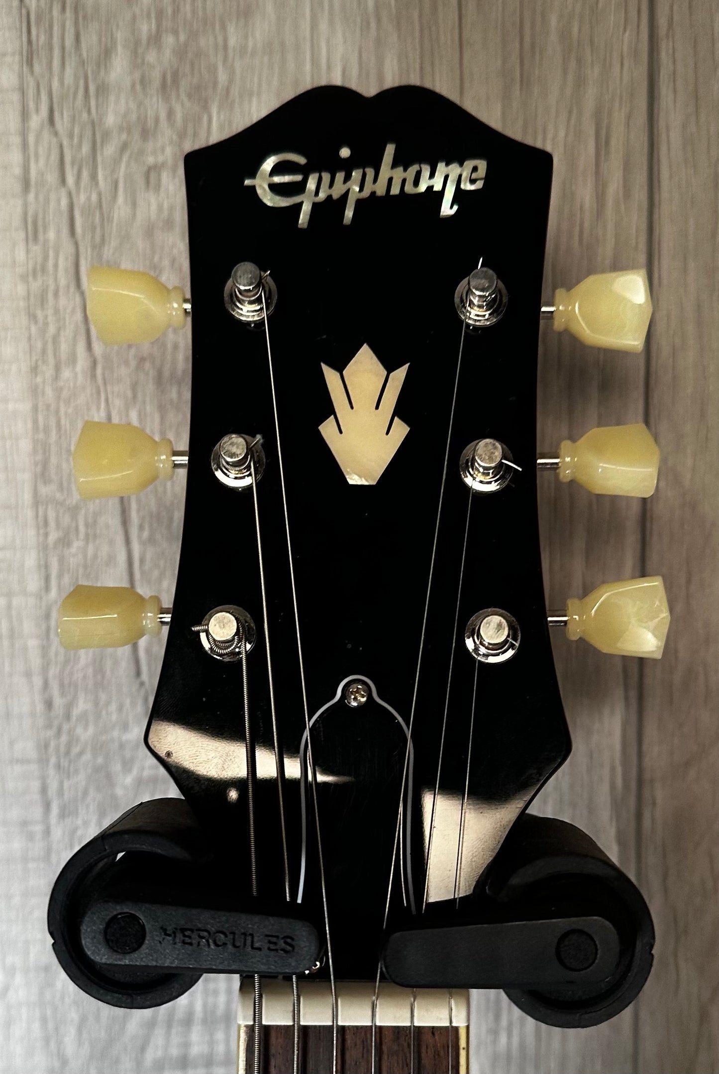 Headstock view of Used Epiphone ES-335 IG Sunburst w/case 