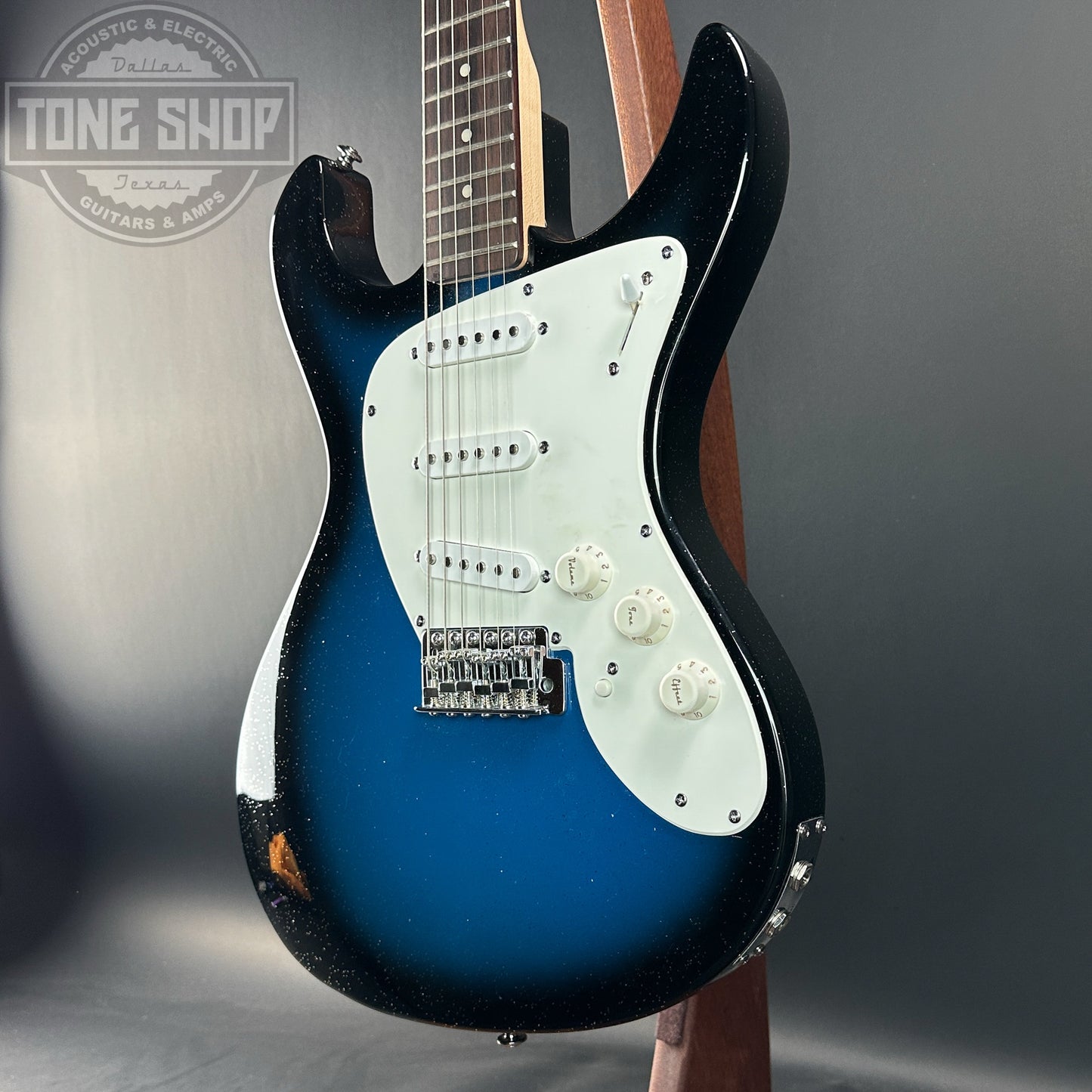 Front angle of Used Danelectro Danoblaster Hearsay Blue Sparkle Burst.