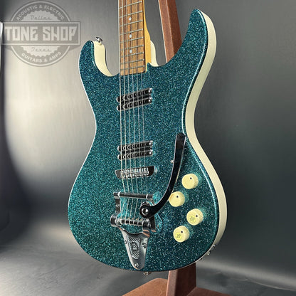 Front angle of Used Danelectro Hodad Green Sparkle.