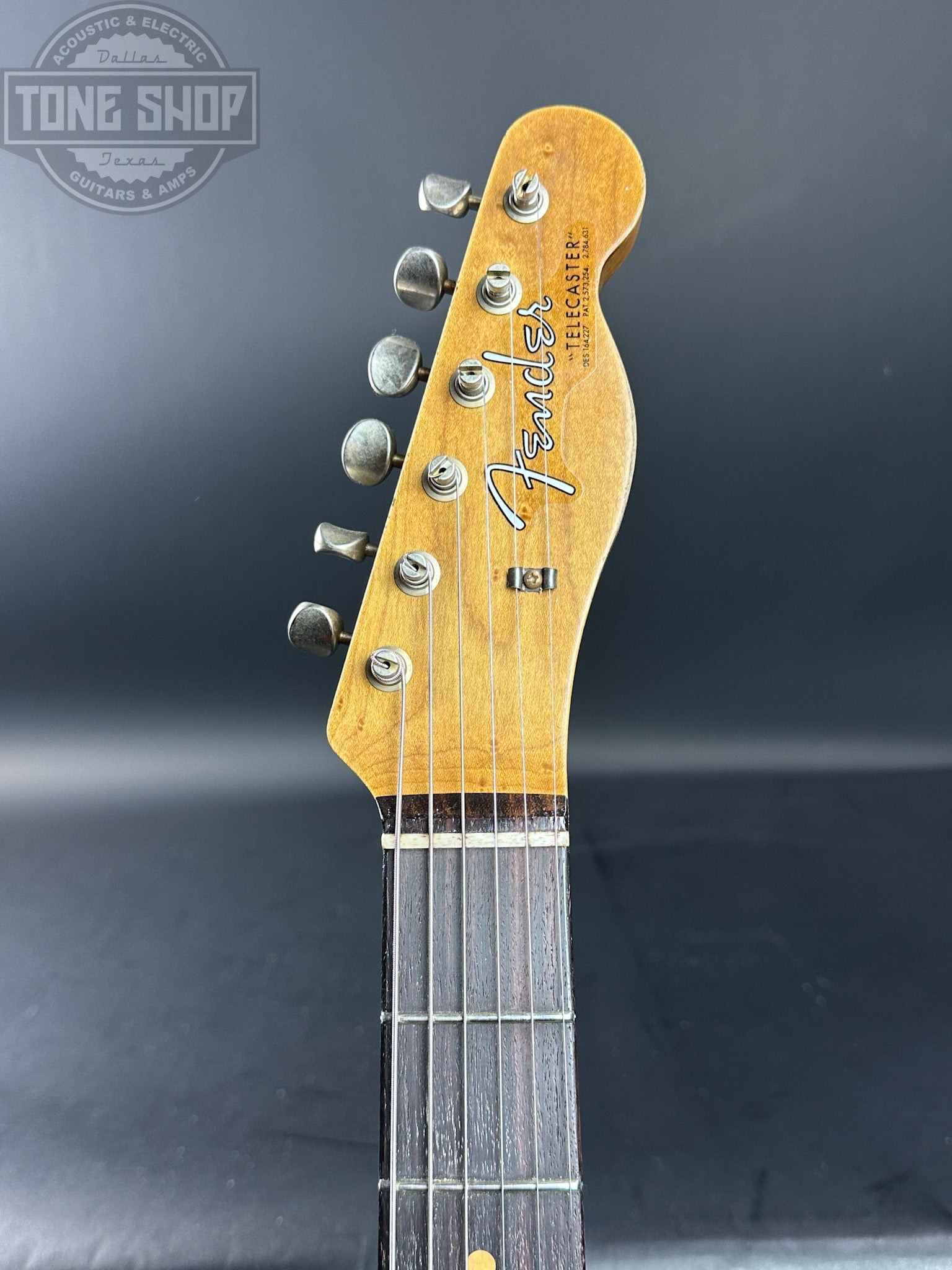 Headstock of Used Fender Custom Shop LTD HS Telecaster Custom Relic Aged Charcoal Frost Metallic.