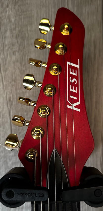 Headstock view of Used Kiesel S7 Solo Blood Red Seven String w/Gold Hardware w/Bag 