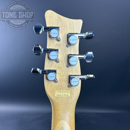 Back of headstock of Used Danelectro Hodad Blue Sparkle.