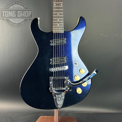 Front of Used Danelectro Hodad Blue Sparkle.