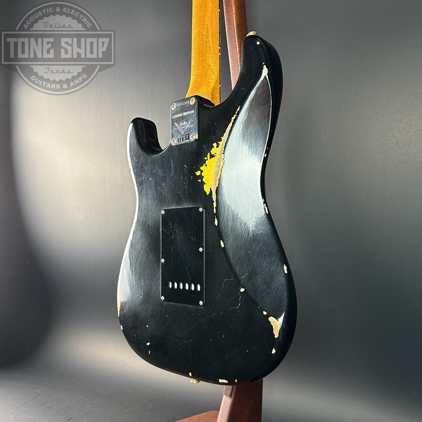 Back angle of Used Fender Ltd Dual Mag II Strat Relic Black.