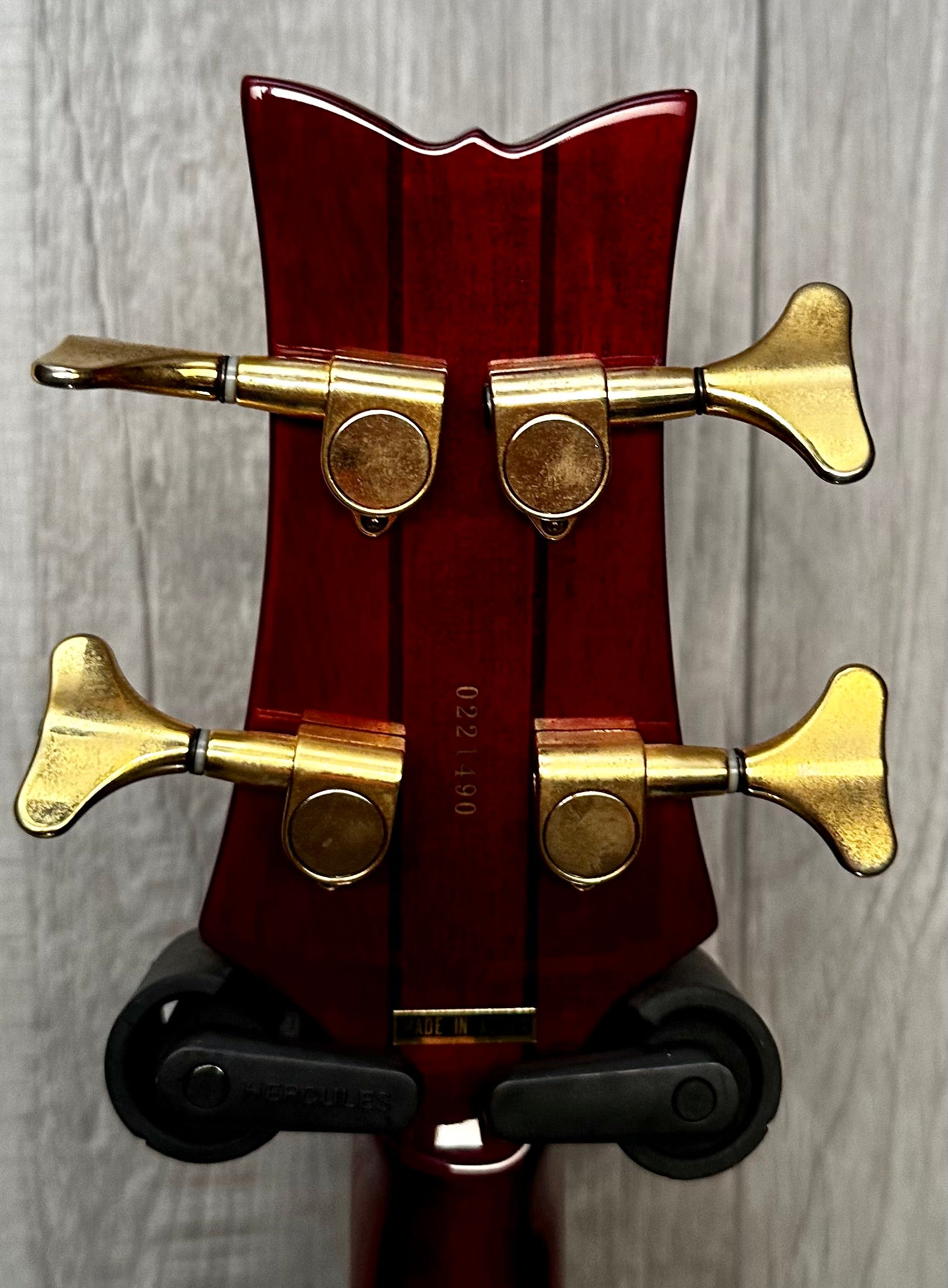 Back of headstock of Used Schecter Diamond Elite 4 Bass TSS2648.