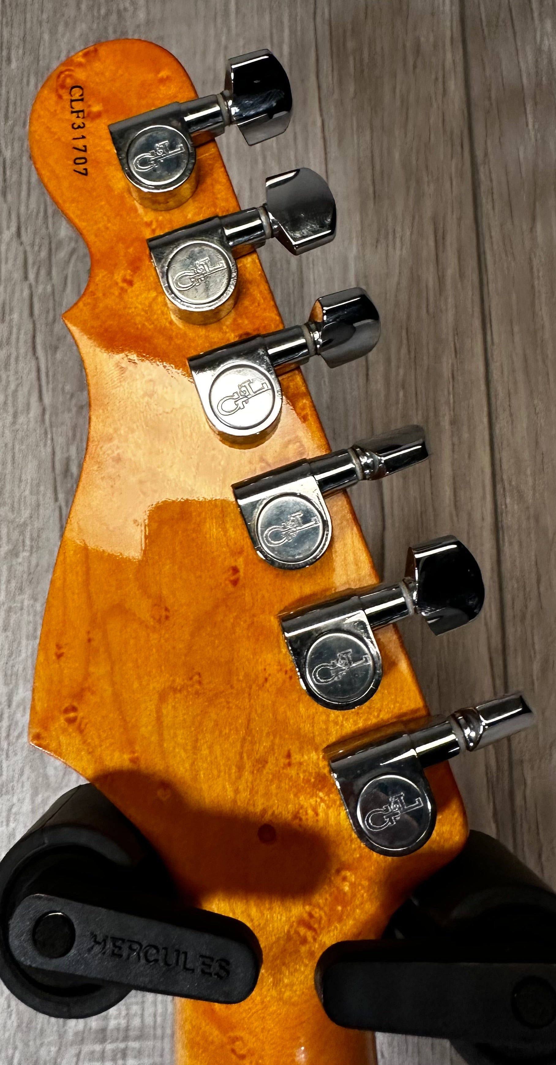 Back of headstock view of Used 2004 G&L Legacy Fiesta Red w/case 