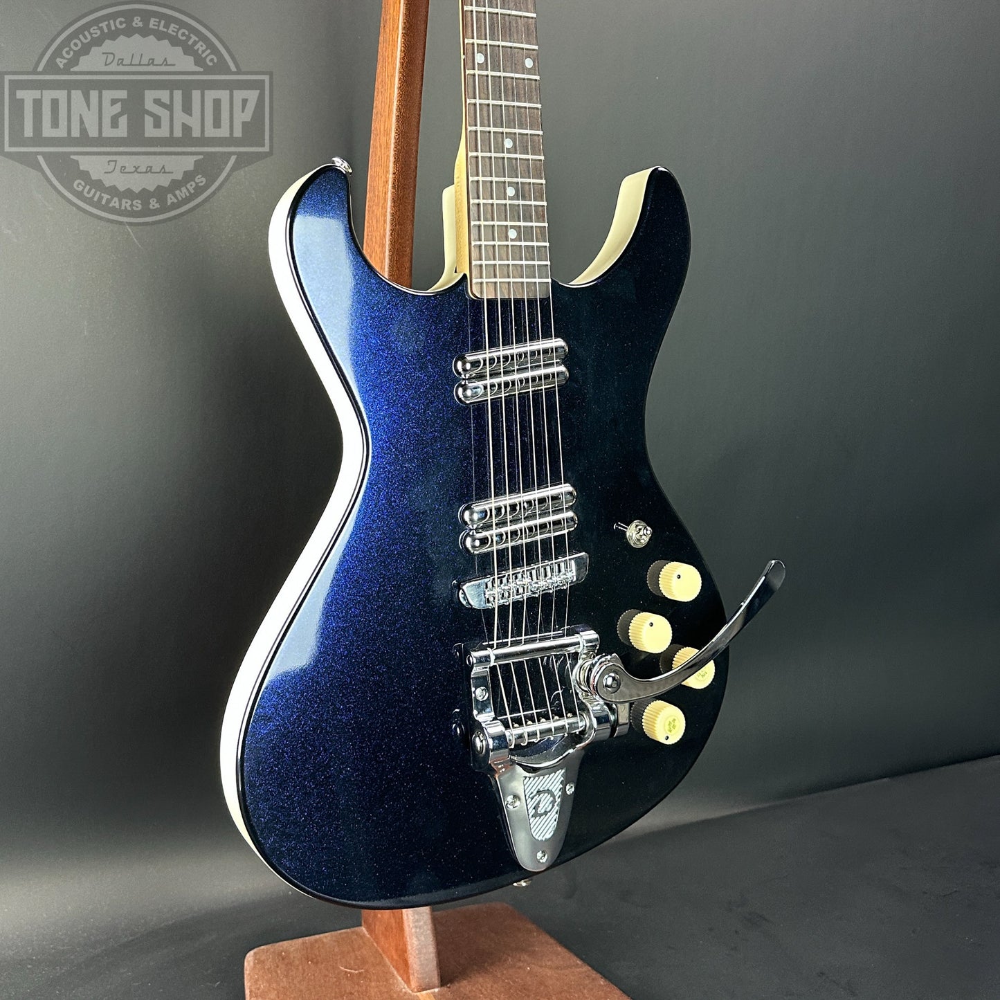 Front angle of Used Danelectro Hodad Blue Sparkle.