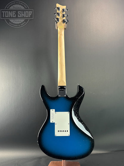 Full back of Used Danelectro Danoblaster Hearsay Blue Sparkle Burst.