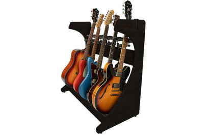 Front right angle of Gator Frameworks Elite 5 Electric/Acoustic Guitar Rack Black.