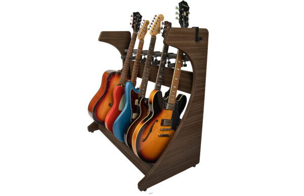 Front right angle of Gator Frameworks Elite 5 Electric/Acoustic Guitar Rack Dark Walnut Brown.