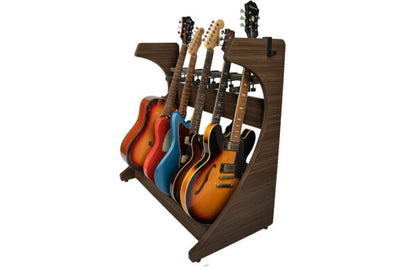 Front right angle of Gator Frameworks Elite 5 Electric/Acoustic Guitar Rack Dark Walnut Brown.