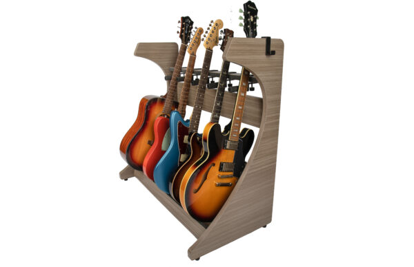 Front left angle of Gator Frameworks Elite 5 Electric/Acoustic Guitar Rack Driftwood Grey.