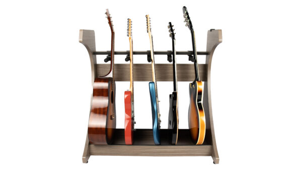 Front of Gator Frameworks Elite 5 Electric/Acoustic Guitar Rack Driftwood Grey.