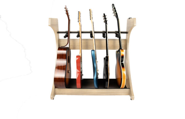 Front of Gator Frameworks Elite 5 Electric/Acoustic Guitar Rack Natural Maple Matte.