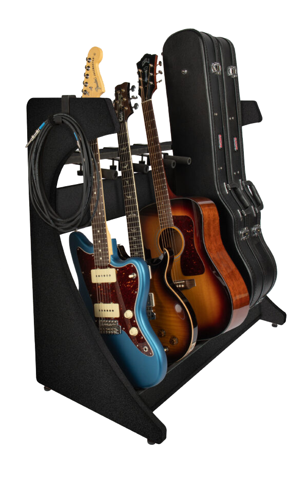 Front left of Gator Frameworks Elite 5 Electric/Acoustic Guitar Rack Black.