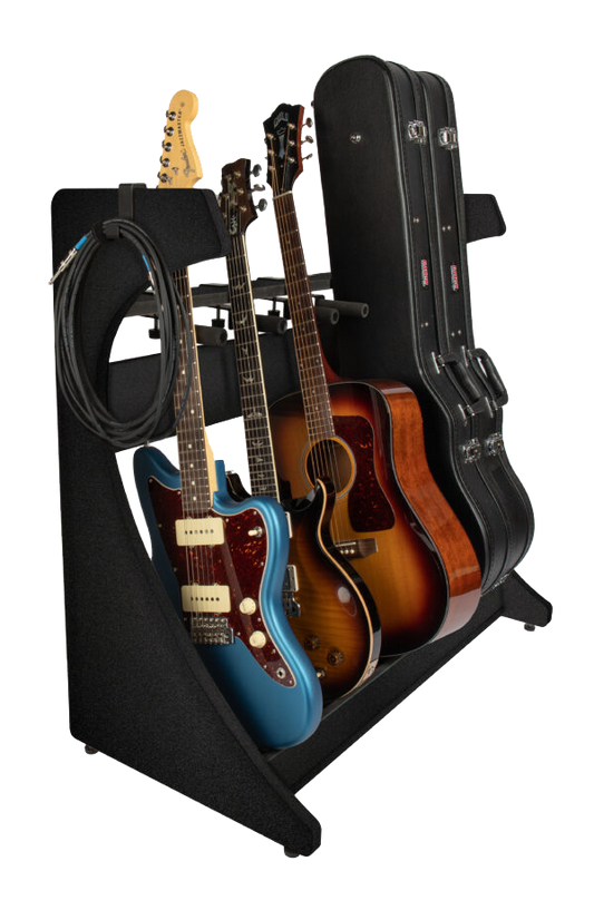 Front left of Gator Frameworks Elite 5 Electric/Acoustic Guitar Rack Black.