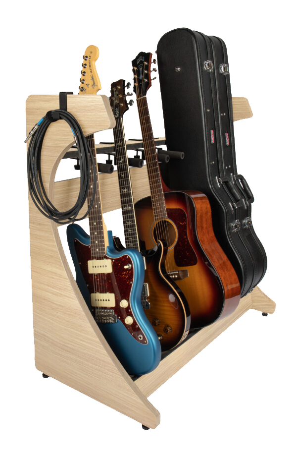 Front left angle of Gator Frameworks Elite 5 Electric/Acoustic Guitar Rack Natural Maple Matte.