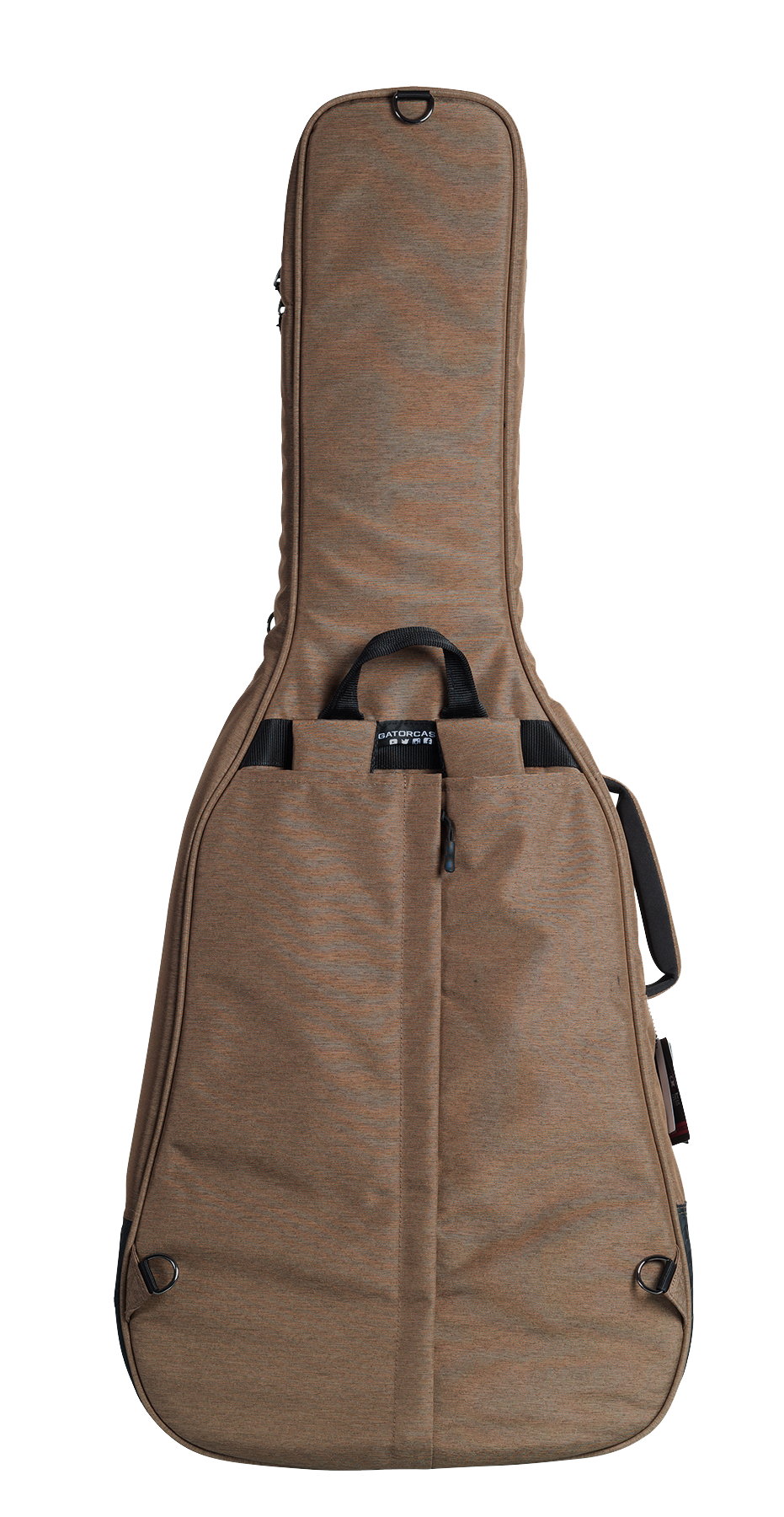 Back of Gator Transit Series Acoustic Guitar Bag Tan tucked straps.