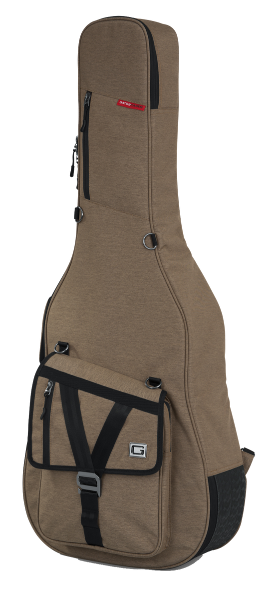 Front angle of Gator Transit Series Acoustic Guitar Bag Tan.