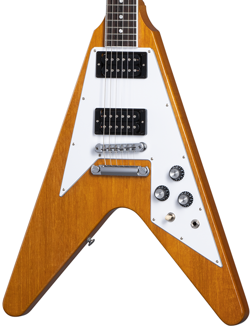 Front of Gibson 70s Flying V Antique Natural.